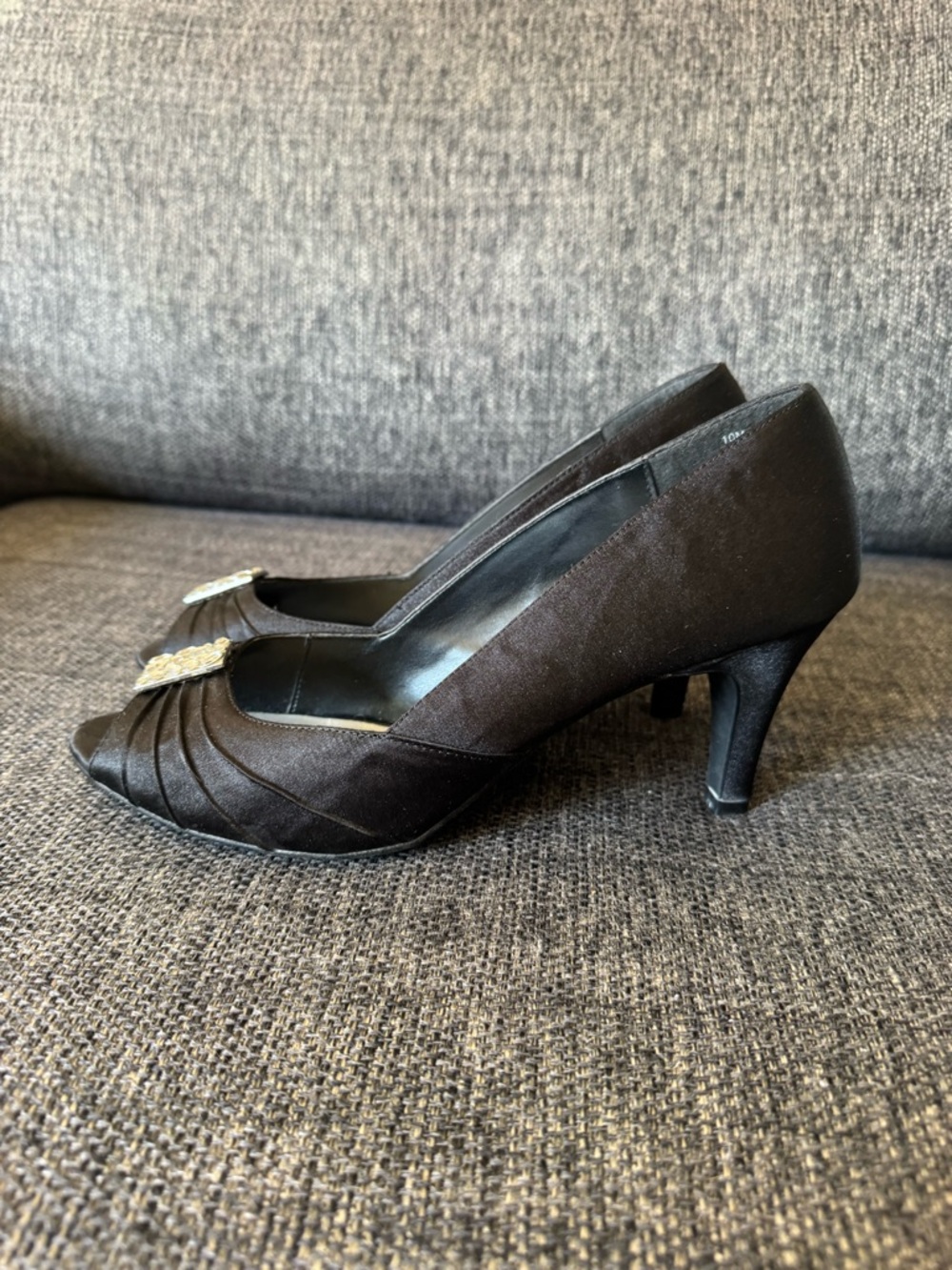 Alia Black Peep-Toe Heels with Gold Decorative Accent - Picture 2 of 4